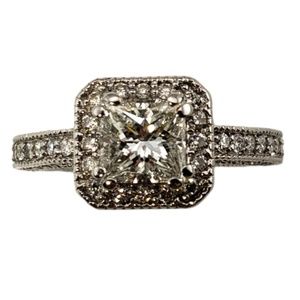 Vintage 14 Karat White Gold Princess Cut Diamond Halo Engagement Ring Size 4.25